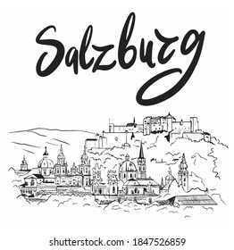 Salzburg Fortress sketch. Salzburg hand drawn illustration isolated on white background. Vector illustration eps10.Hand drawn illustration for cards, posters, stickers and professional design.