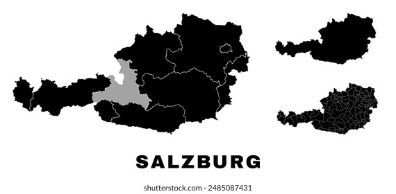 Salzburg map, Austrian state. Austria administrative division, provinces, boroughs, and municipalities.