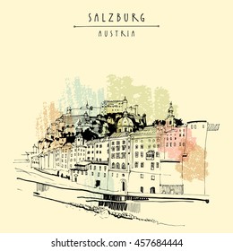 Salzburg, Salzburger Land, Austria, Europe. Festung Hohensalzburg castle, church, houses,  Salzach river. Hand drawing. Travel sketch. Vintage touristic postcard, poster or book illustration in vector