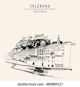 Salzburg, Salzburger Land, Austria, Europe. Festung Hohensalzburg castle, church, houses,  Salzach river. Hand drawing. Travel sketch. Vintage touristic postcard, poster or book illustration in vector