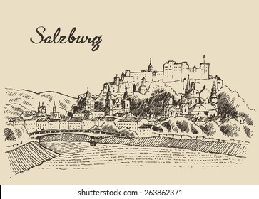 Salzburg skyline (Austria), vintage engraved illustration, hand drawn, sketch