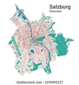 Salzburg vector map. Detailed map of Salzburg city administrative area. Cityscape panorama. Road Map with buildings, water, forest. Tourist decorative map.