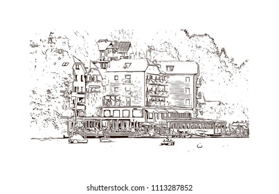 Salzkammergut is an Austrian region of lakes and Alpine ranges near Salzburg. Hand drawn sketch illustration in vector.