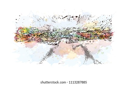Salzkammergut is an Austrian region of lakes and Alpine ranges near Salzburg. Watercolor splash with hand drawn sketch illustration in vector.