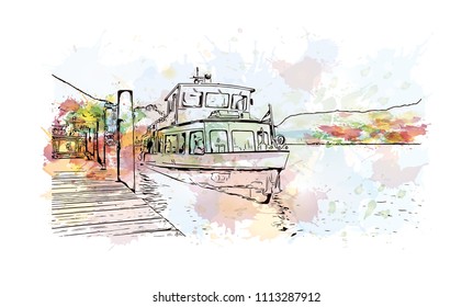 Salzkammergut is an Austrian region of lakes and Alpine ranges near Salzburg. Watercolor splash with hand drawn sketch illustration in vector.