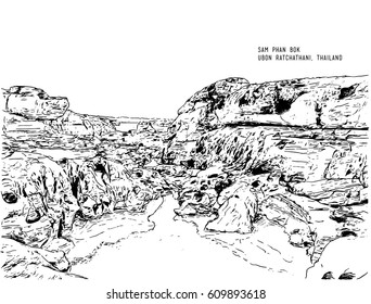 sam phan bok, hand drawn sketching water color line art illustration. Unseen Thailand stone canyon at Sam Pan Bok in Mae Kong river. Ubonratchathani Province ,Thailand