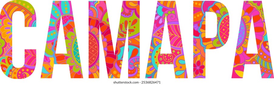 Samara city of Russia text name design. Colorful hand drawn pattern fill font.  Decorative text header for travel, city events, merch, wall art print. Translation: "Samara"
