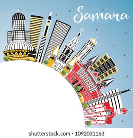 Samara Russia City Skyline with Color Buildings, Blue Sky and Copy Space. Vector Illustration. Business Travel and Tourism Concept with Modern Architecture. Samara Cityscape with Landmarks.