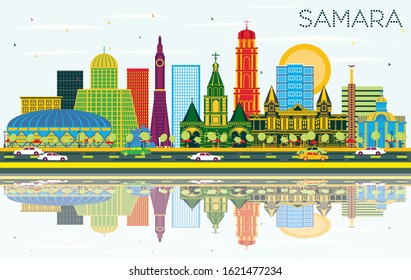 Samara Russia City Skyline with Color Buildings, Blue Sky and Reflections. Vector Illustration. Business Travel and Tourism Concept with Modern Architecture. Samara Cityscape with Landmarks.