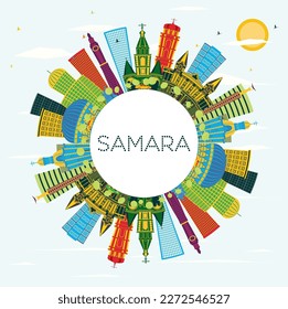 Samara Russia City Skyline with Color Buildings, Blue Sky and Copy Space. Vector Illustration. Business Travel and Tourism Concept with Modern Architecture. Samara Cityscape with Landmarks.