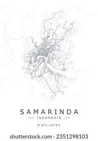 Samarinda vector map. Detailed map of Samarinda city in East Kalimantan. Riverside panorama. Best free vector illustration. Outline map with highways and streets. Tourist decorative street map.