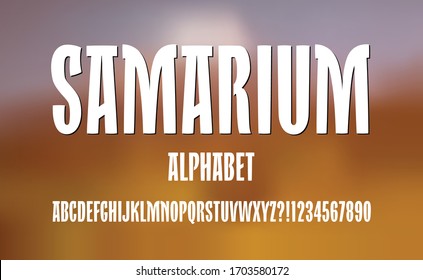 Samarium alphabet; A stylized and condensed sans serif font. This lettering has many subtle and unique features that set it apart from other tall bold typography.