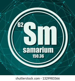 Samarium chemical element. Sign with atomic number and atomic weight. Chemical element of periodic table. Molecule And Communication Background. Connected lines with dots.