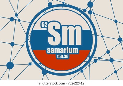 Samarium chemical element. Sign with atomic number and atomic weight. Chemical element of periodic table. Molecule And Communication Background. Connected lines with dots. Flag of the Russia