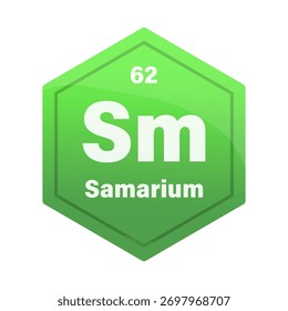 Telha de elemento químico de samário. Número atômico 62. Sinal químico. Hexágono Vetor verde brilhante.