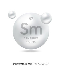Samariummolekül-Modelle Silber und chemische Formeln wissenschaftliche Element. Erdgas. Konzept der Ökologie und Biochemie. Einzige Kugeln auf weißem Hintergrund. 3D-Vektorgrafik.