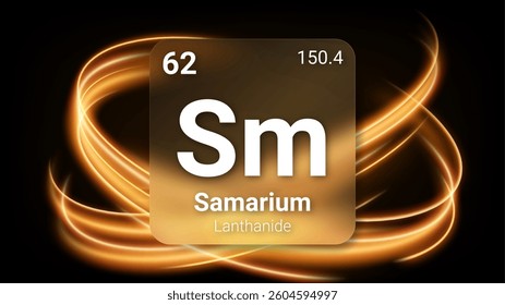 Samarium (Sm) (062) Lanthanide, Glass Morphism Element Futuristic Neon Light Glow Background Periodic Table, Chemical Symbol, Name, Atomic Mass, Atomic Number, Vector Illustration