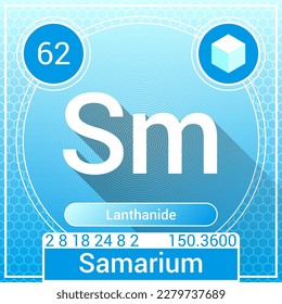 Samarium (Sm) Element - Lanthanide - Periodic Table, Chemical Symbol, Name, Atomic Weight, Atomic Number, Electron Shells, Classification, Phase at STP - Chemistry Logo Icon Design