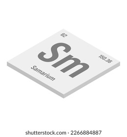 Samarium, Sm, gray 3D isometric illustration of periodic table element with name, symbol, atomic number and weight. Rare earth metal with various industrial uses, such as in magnets, lighting, and as