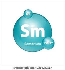 Samarium (Sm) icon structure chemical element round shape circle green dark, blue. Chemical element of periodic table Sign with atomic number. Study in science for education. 3D Illustration vector. 