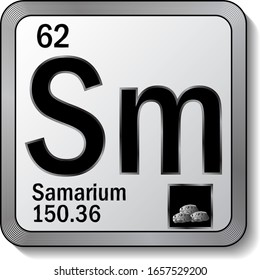 Samarium or Sm periodic table element icon on silver metallic button vector illustration. 3d sticker with soft shadow for chemical product label or digital web page graphic design element.
