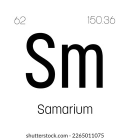 Samarium, Sm, periodic table element with name, symbol, atomic number and weight. Rare earth metal with various industrial uses, such as in magnets, lighting, and as a component in certain types of