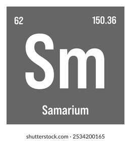 Samarium, Sm, periodic table element with name, symbol, atomic number and weight. Rare earth metal with various industrial uses, such as in magnets, lighting, and as a component in certain types of