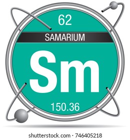 Samarium symbol inside a metal ring with colored background and spheres orbiting around.  Element number 62 of the Periodic Table of the Elements - Chemistry 