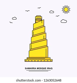 SAMARRA MOSQUE IRAQ Monument Poster Template. World Travel Yellow illustration Background in Line Style with beauture nature Scene