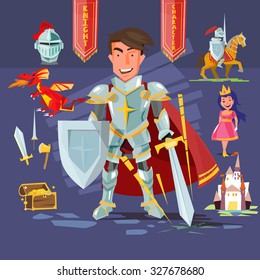 samart knight character with icon set. character design. mediaeval - vector illustration