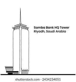 Samba Bank HQ Tower. Skycraper Tower in Riyadh Saudi Arabia Skyline City. Line art style
