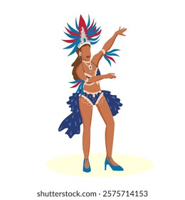 Samba dancer at the Brazilian carnival. Mardi Gras street parade. Stage costume with blue and red feathers and necklace. Vector illustration