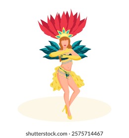 Samba dancer at the Brazilian carnival. Mardi Gras street parade. Stage costume with yellow, green and red feathers and necklace. Vector illustration