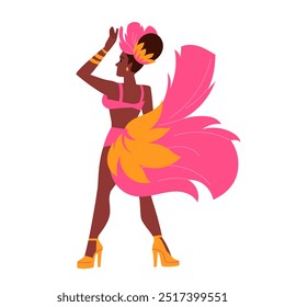 Dançarina de samba na festa carnavalesca brasileira, vista de trás. Menina em traje de pássaro tropical rosa com cauda e penas de pé com a mão em latina glamour dança pose desenho animado vetor ilustração