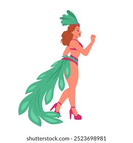 Bailarina de samba bailando en fiesta de carnaval brasileño, vista posterior. Chica en traje de pájaro tropical rosa con cola y plumas de pie con la mano en Ilustración vectorial de dibujos animados de pose de baile de glamour latino