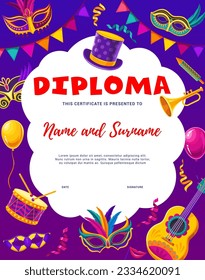 Samba dancer diploma with Brazilian carnival masks, clothes and decorations, vector certificate. Latin dance school certificate diploma award template with music instrument, guitar, drum and balloons