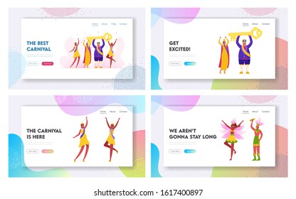 Samba Dancers and King Performing on Rio Carnival Website Landing Page Set. Man Wearing Festive Royal Dressing and Crown and Women with Winner Ribbons Web Page Banner. Cartoon Flat Vector Illustration