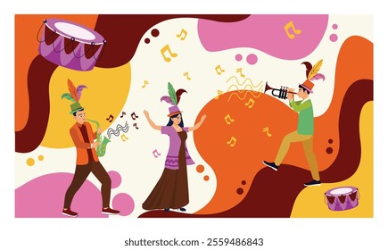 Samba dancers and musicians with musical instruments surrounded by colorful abstract patterns. Carnival Celebrations in the United States. Carnival party concept. Flat vector illustration. 