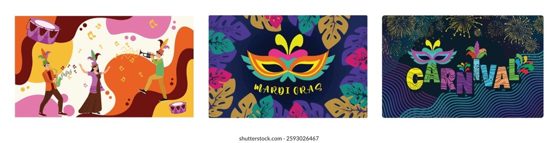 Samba dancers and musicians with musical instruments and colorful patterns. Mardi Gras mask for Carnival party celebration. Describes a lively and fun carnival party atmosphere.