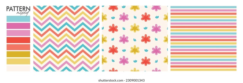Samba Design: Set Seamless Pattern (floral, dots, chevron and stripes).