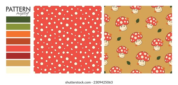 Samba Design: Set Seamless Pattern (mushrooms, dots and flowers).