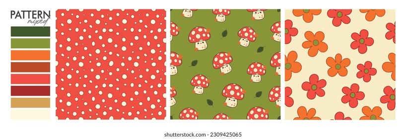 Samba Design: Set Seamless Pattern (mushrooms, dots and flowers).