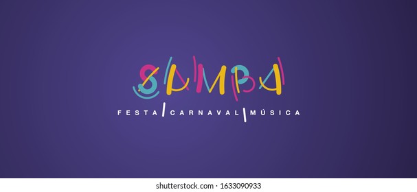 Samba handwritten typography colorful logo party carnaval music Portuguese language purple background