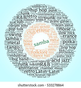 Samba. Word cloud, circles, gradient blue background. Musical styles.