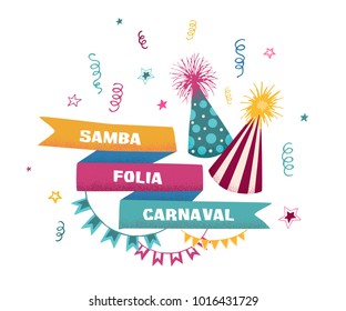 Samba,folia, carnaval. Masquerade banner template with carnaval symbols isolated on white background. Vector colorful funfair illustration with festive hats.