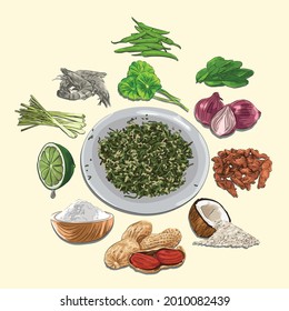 Sambal Oen Pegagan And Ingredients Illustration, Sketch And Vector Style, Traditional Food From Aceh, Good to use for restaurant menu, Indonesian food recipe book, and food content.