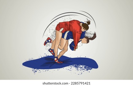 A sambo girl in a blue suit makes a throw through the thigh. Abstract vector background. Sambo wrestling.