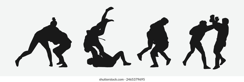 Sambo Vector conjunto siluetas sobre fondo blanco. Diferente accion, pose. Artes marciales, sambo de combate, deporte. Ilustración gráfica.