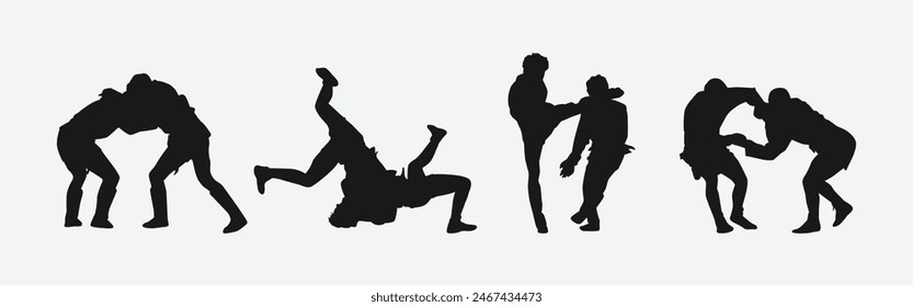 Sambo Vector conjunto siluetas sobre fondo blanco. Diferente accion, pose. Artes marciales, sambo de combate, deporte. Ilustración gráfica.