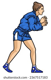 Sambo. Sambo wrestling. Girl sambo wrestler. Girl athlete. Vector image of sambo wrestler on a white background. Blue kimono